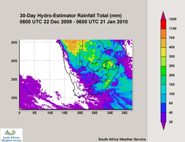 Accumulated rainfall based on SAWS's hydro-estimator over South Africa, Namibia, and Botswana from 22 December 2009 to 21 January 2010