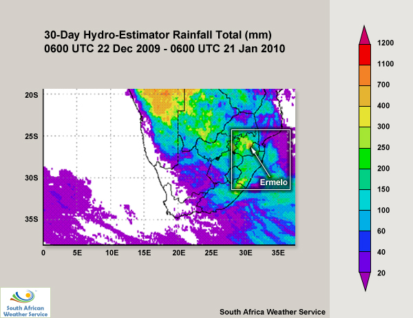 Accumulated rainfall based on SAWS's hydro-estimator over South Africa, Namibia, and Botswana from 22 December 2009 to 21 January 2010 with Ermelo pointed out as part of an exercise