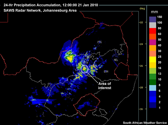 24-hour rainfall accumulation data from the SAWS radar network for the Johannesburg area on 21 January 2010 at 12Z