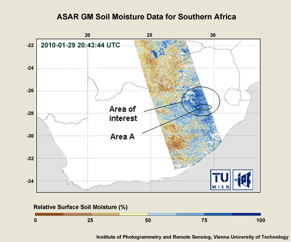 ASAR GM soil moisture map showing the percentage of soil moisture on 29 January 2010 in the Southern Africa region