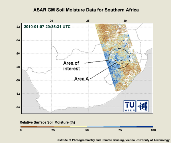 ASAR GM soil moisture map showing the percentage of soil moisture on 7 January 2010 in the Southern Africa region