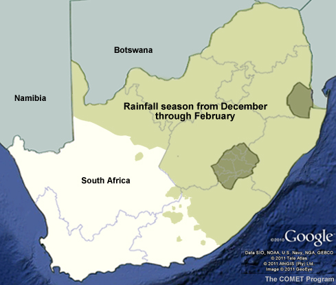map of South Africa with the summer rainfall season outlined